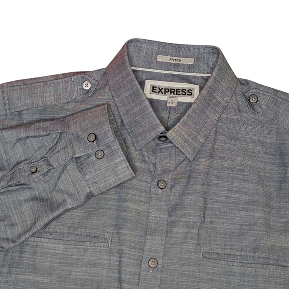 Express Button Down Shirt Men's Large Fitted Gray Blue Long Sleeve Cotton NWT - Picture 1 of 7